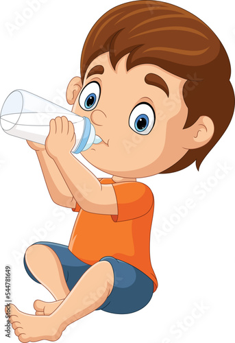 Cartoon little boy drinking milk with bottle