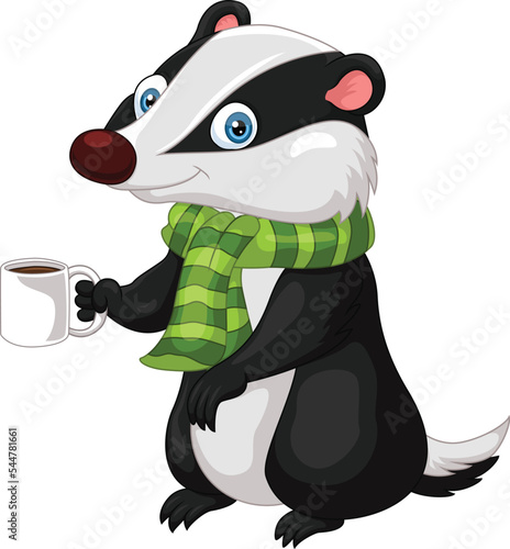 Cartoon badger wearing scarf holding hot coffee