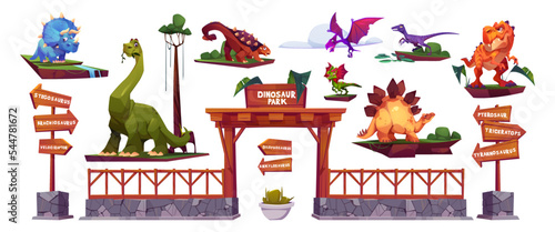 Dinosaur park cartoon characters, arrow signboards and gates. Stegosaurus, tyrannosaurus, diplodocus and triceratops, pterodactyl, brachiosaurus or velociraptor with pterosaur isolated vector set