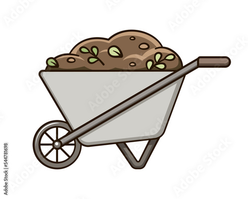 Steel wheelbarrow with dirt soil cute cartoon illustration. Gardening farming agriculture clipart.