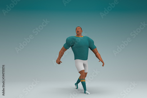 An athlete wearing a green shirt and white pants is walking. 3d rendering of cartoon character in acting.