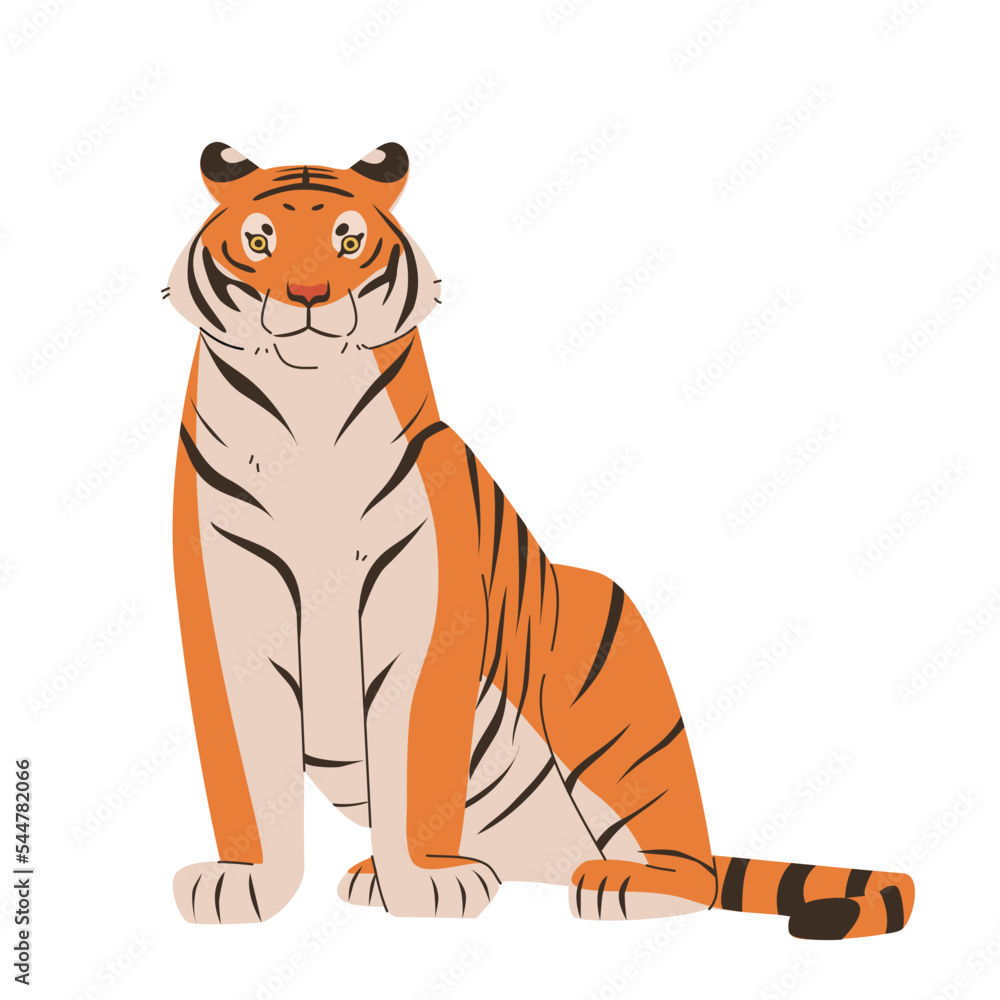 Cute sitting wild tiger. Hand drawn vector colorful flat cartoon style illustration on white background Stock Vector | Adobe Stock Cute sitting wild tiger. Hand drawn vector colorful flat cartoon style illustration on white background Stock Vector | Adobe Stock