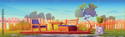 Patio area at backyard garden with table, sofa and armchair. Cottage barbecue zone with fence and trees. Place for relax and leisure at summer morning at home park, Cartoon vector illustration