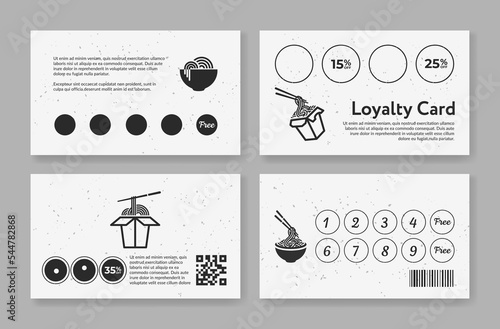 Chinese food loyalty card set monochrome vintage line vector illustration