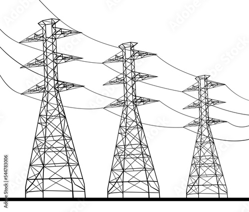 Line Drawing illustration of transmission tower or power line electricity pylons on isolated background done in black and white.  photo