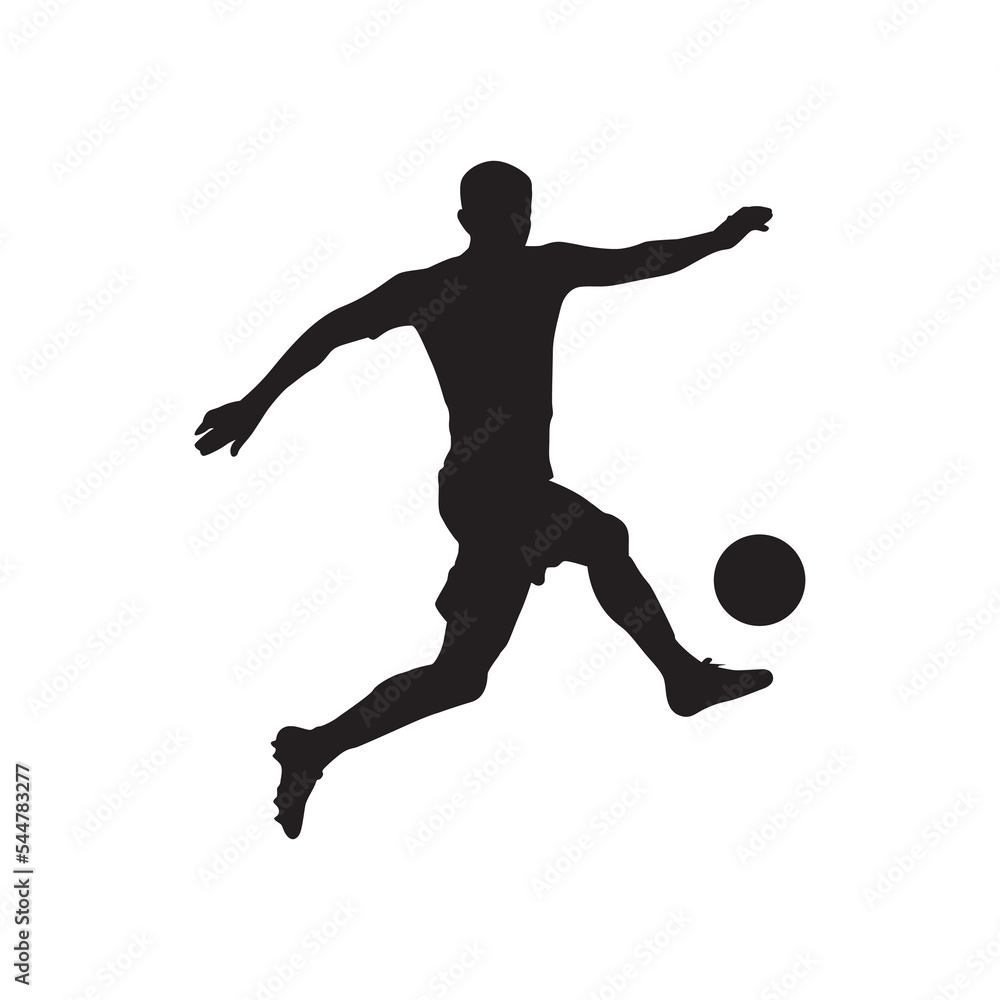 Football player in action vector isolated white background. Soccer player kicking ball silhouette.