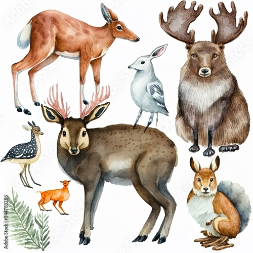 Moose, hare, squirrel, Fox, deer, badger, bear, cartoon style, on a white background. watercolor, of forest animals.
