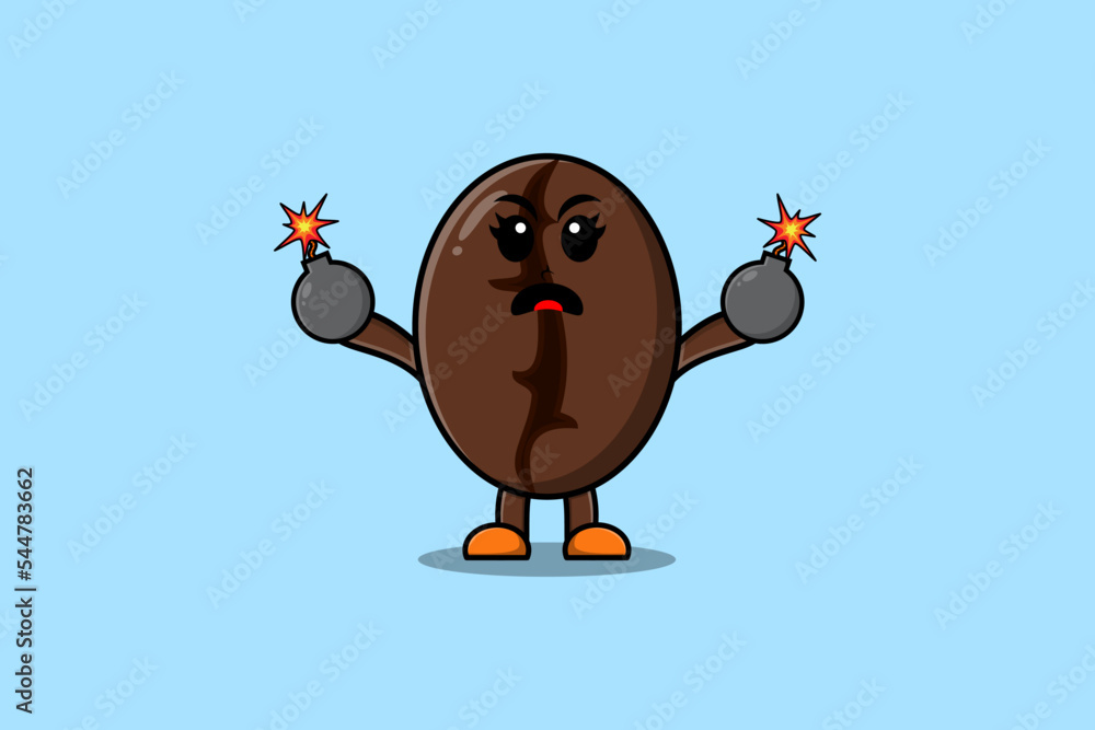 Cute cartoon Coffee beans holding bomb with scared expression in flat