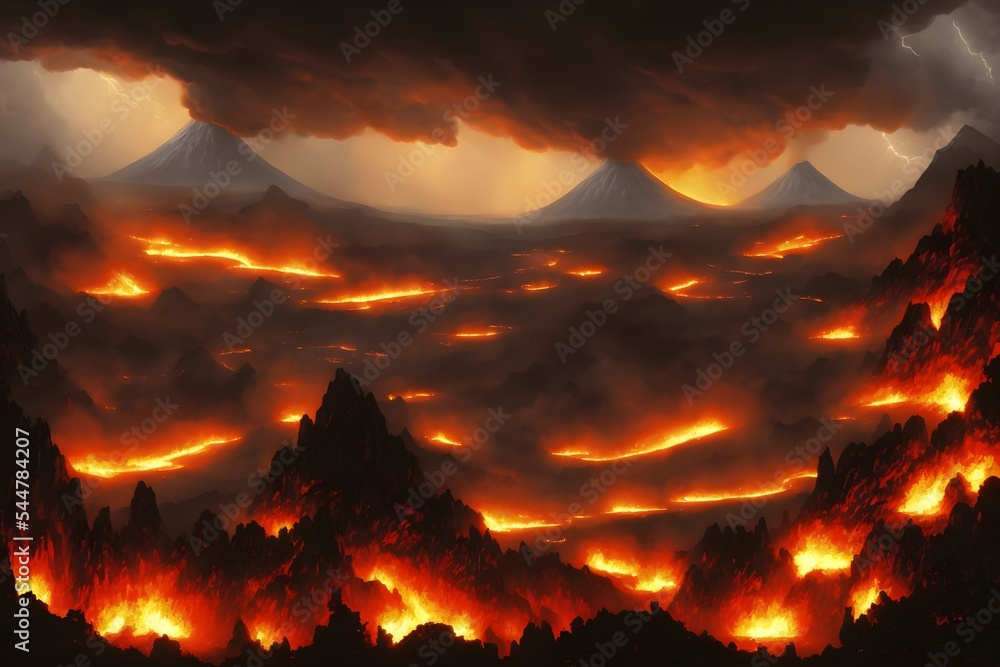 Vulcano scene fire smoke lighting 3d render 3d illustration Vulcano scene fire smoke lighting 3d render 3d illustration