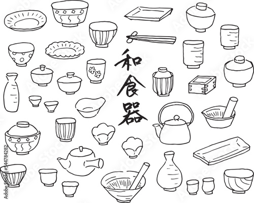 Fotobehang 和食器の手書きイラストセット