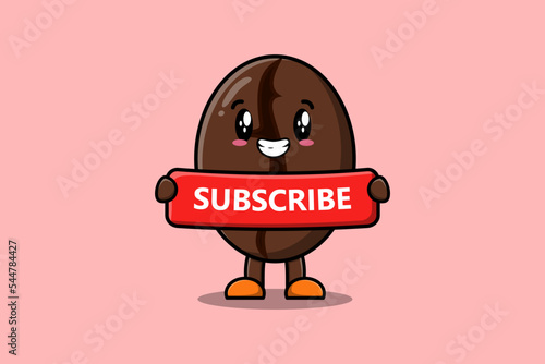 Cute cartoon Coffee beans character holding red subscribe board