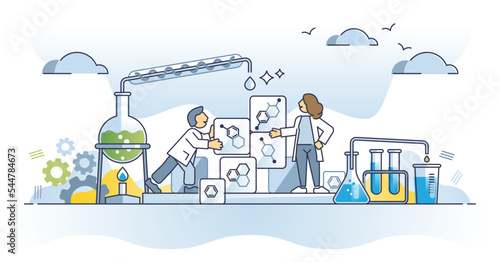 Chemical engineer with chemistry research knowledge outline concept. Professional material development process and substance reaction in laboratory vector illustration. Work with innovative experiment