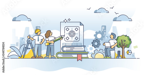 Engineering profession and work with building materials outline concept. Learning mechanical, civil or technical engineer occupation vector illustration. Project with blueprint measurements knowledge.