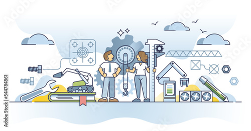 Mechanical engineer job with technical specialty knowledge outline concept. Machine work development and precise measurements drawing for blueprint sketch vector illustration. Professional career.