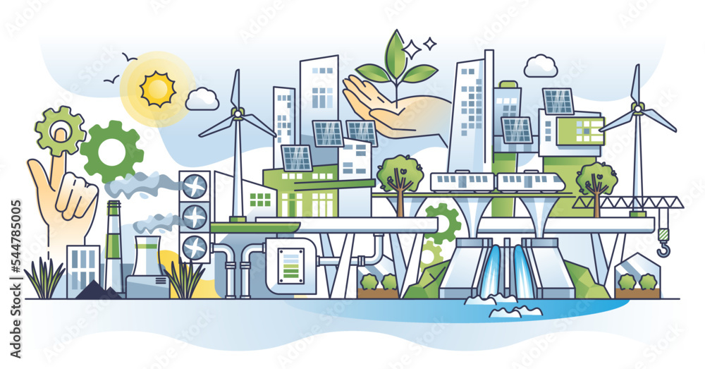 Green new deal resolution with sustainable EU policy program outline concept. Renewable power resource usage, CO2 capture or nature friendly urban environment vector illustration. Ecological agreement Green new deal resolution with sustainable EU policy program outline concept. Renewable power resource usage, CO2 capture or nature friendly urban environment vector illustration. Ecological agreement