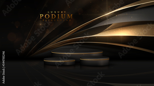 Black luxury background. Product display podium with golden curve line decoration and glitter light effect elements and stars with bokeh.