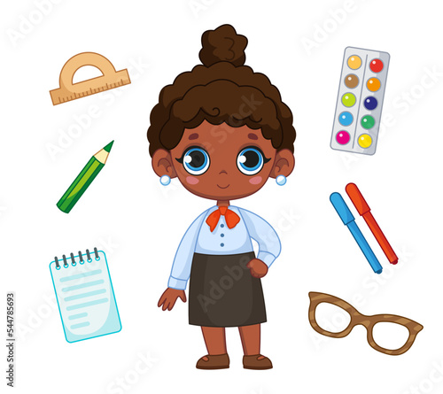 Pretty dark-skinned girl in a school teacher costume and stationery set. Profession teacher. Vector illustration of a character in a cartoon childish style. Isolated funny male clipart