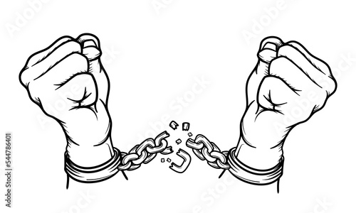 Both hands broke the iron fetters that were bound together. Vector illustrator.