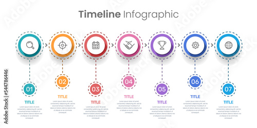 Infographic business timeline 7 steps. Company milestone 7 times.