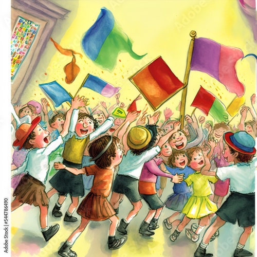 A colorful drawing of Jewish children dancing and rejoicing on the holiday of Simchat Torah with a flag and a Torah book photo