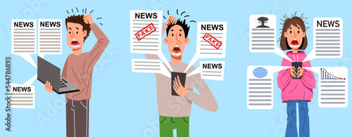 People read the news on the phone. Men and women are shocked by what is happening in the world. Vector illustration in flat cartoon style.