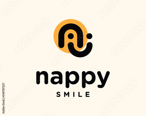Letter N Smile Face Cheerful Funny Happiness Pretty Child Kid Care Line Rounded Vector Logo Design