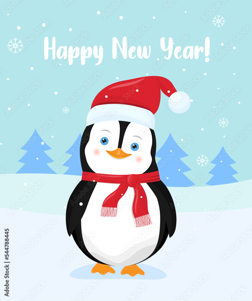 New Year's card with a penguin in a red hat with a bell and a red scarf on the snow. New Year's card with a penguin in a red hat with a bell and a red scarf on the snow.