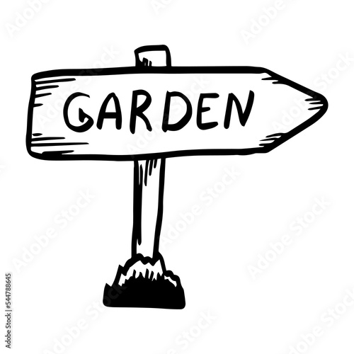 Wooden road sign and arrow with inscription Garden