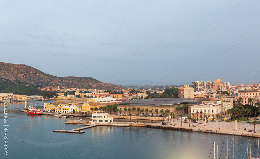 Aerial View of the Marina and Port in a historic city of Cartagena, Spain. Sunny Morning.