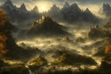 Beautifull misty mountains soft lighting 3d render 3d illustration