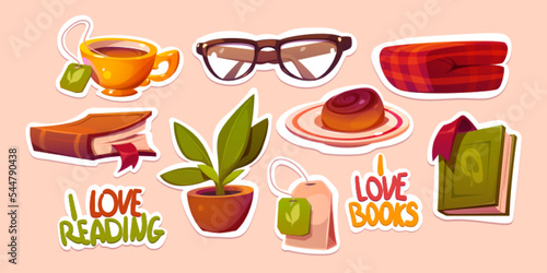 Love reading stickers pack, book, glasses, tea bag and cup, dessert on plate. Potted plant, plaid and lettering patches, graphic design elements for readers hobby and education, Vector illustration