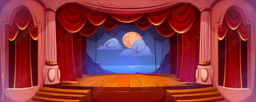 Theater stage with red curtains, wooden floor and decoration of night ...