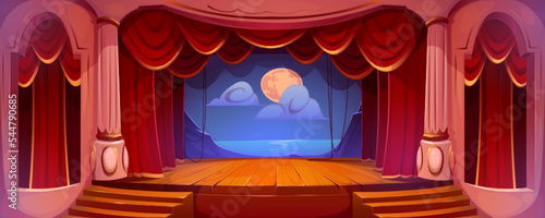 Theater stage with red curtains, wooden floor and decoration of night landscape with moon on backdrop. Theatre hall interior with empty scene, columns, stairs, balconies, vector cartoon illustration