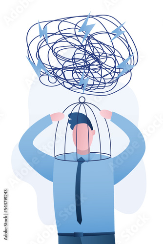 Cage on man head. Problems with psychology. Mental, emotional stress. Businessman troubles with think logically, limited thinking. Problem with creativity. Burnout.