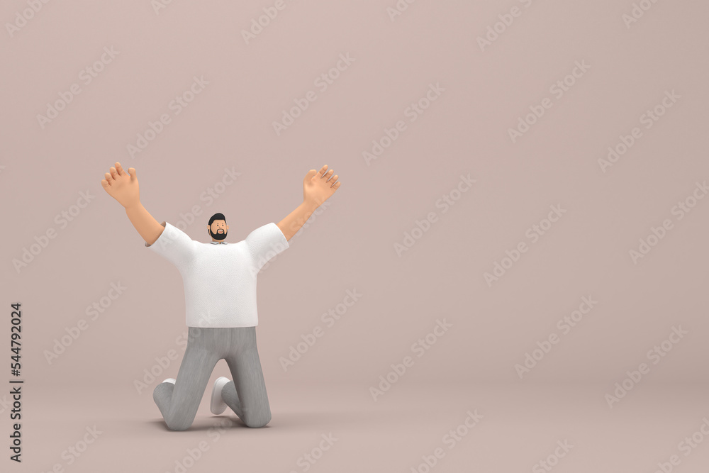 The man with beard wearinggray corduroy pants and white collar t-shirt. He is kneel rejoicing. 3d illustrator of cartoon character in acting. The man with beard wearinggray corduroy pants and white collar t-shirt. He is kneel rejoicing. 3d illustrator of cartoon character in acting.
