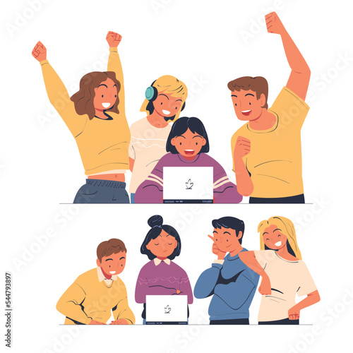 Happy People Character Looking at the Laptop Monitor Rejoicing and Cheering Vector Set