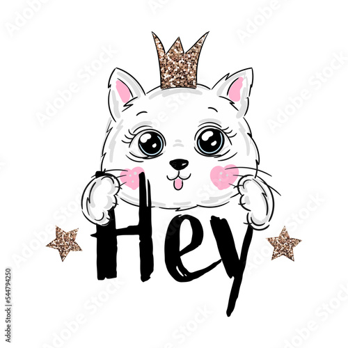 Cute Cat girl princess with crown in greeting and say Hey. Hand drawn character art illustration in cartoon style as logo, sticker or print t shirt