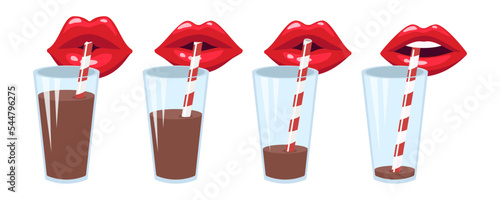 Delicate red lips drinking cocktail vector set. Cartoon illustrations of red lips drinking maroon cocktail from glass with stripped straw isolated on white background. Drink, beverage concept.
