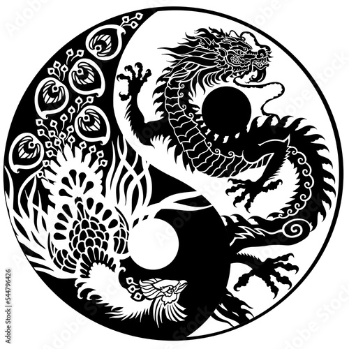 Chinese dragon and phoenix Feng Huang in the yin-yang symbol. Silhouettes. Traditional mythological creatures of Chine. Tattoo.Celestial feng shui animals. Graphic style vector illustration