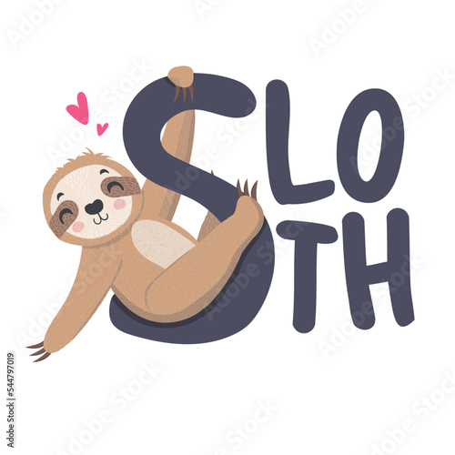 Cute cartoon sloth vector illustration for nursery design, poster, greeting, birthday card,baby shower and party.Animal vector illustration.