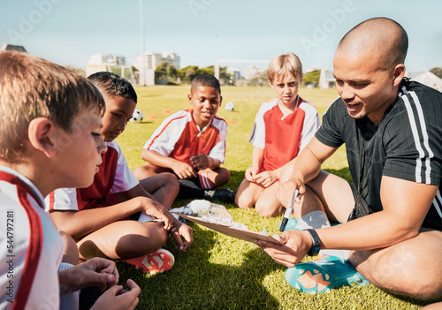Fotografie Soccer, football coach with team talk and strategy with tactics winning game sitting on grass training field