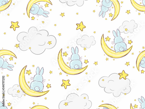 Cute baby rabbit animal seamless dream pattern, moons with gold stars in night sky, bunny illustration for children clothing. Nursery Wallpaper