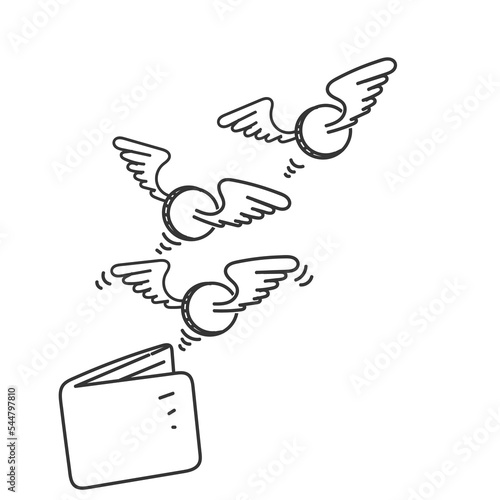 hand drawn coin with wing flying from wallet illustration