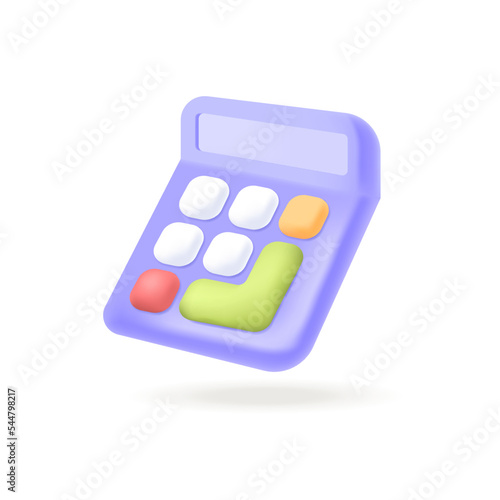 Purple calculator for school or work 3D icon. Tool for counting numbers at math class or workplace, accounting equipment 3D vector illustration on white background. Education, economy concept