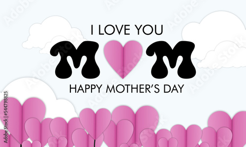 Mother postcard with paper flying elements, man and balloon on blue sky background.symbols of love in shape of heart for Happy Mother's Day greeting card design