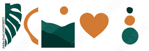 Collection of modern simple abstractions in boho style: monstera leaf, geometric shapes (circles), heart and landscape (mountains and sun) on a white background