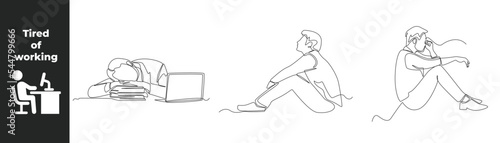 Continuous one line drawing fatigue set concept at work. Man feeling sad, tired and worried about suffering from depression in working. Single line draw design vector graphic illustration. 