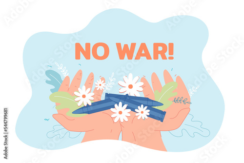 Human hands holding pile of gun bullets and flowers. Protest of person against war flat vector illustration. Peace, ammunition, antithesis concept for banner, website design or landing web page photo