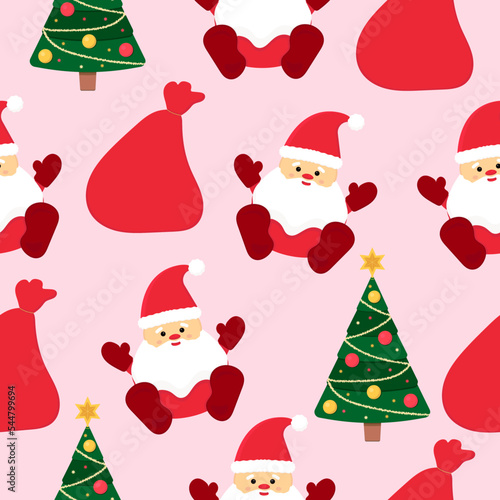 Seamless pattern with cute santa and sack with gifts, christmas tree on pink background