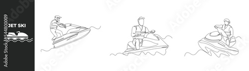 Single one line drawing Riding Jet Ski set concept. Sportsman riding and jumping jet ski on sea water . Continuous line draw design graphic vector illustration. 